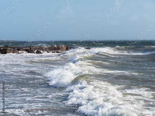 Powerful waves at Salthill, Galway city, Ireland, Atlantic ocean, Galway bay.