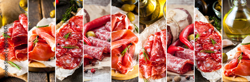 Photo collage of Italian food. Mediterranean cuisine concept. Cured meat. Prosciutto, jamon, salami, chorizo in banner shape. 