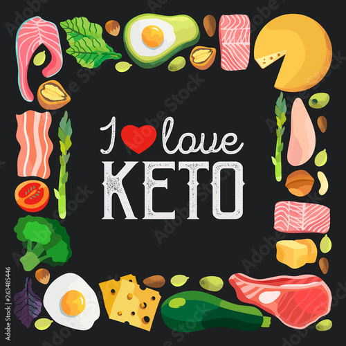 Square frame with ketogenic diet products isolated on a black background. Vector illustration of keto food.