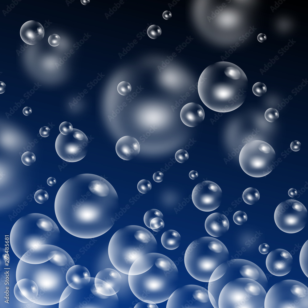 Vector illustration of realistic soap bubbles on blue background