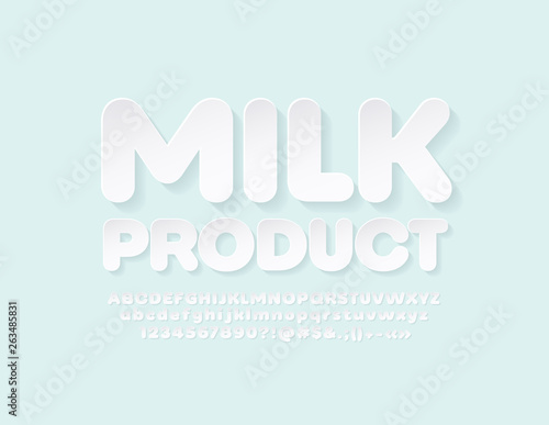Vector white modern sign Milk Product. Trendy Alphabet Letters, Numbers and Symbols. Realistic stylish Font