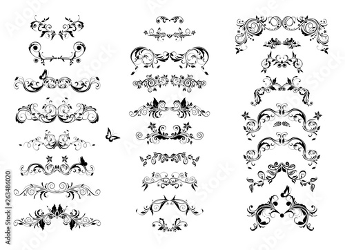 Vintage book floral separators and titles collection. Baroque black and white design elements