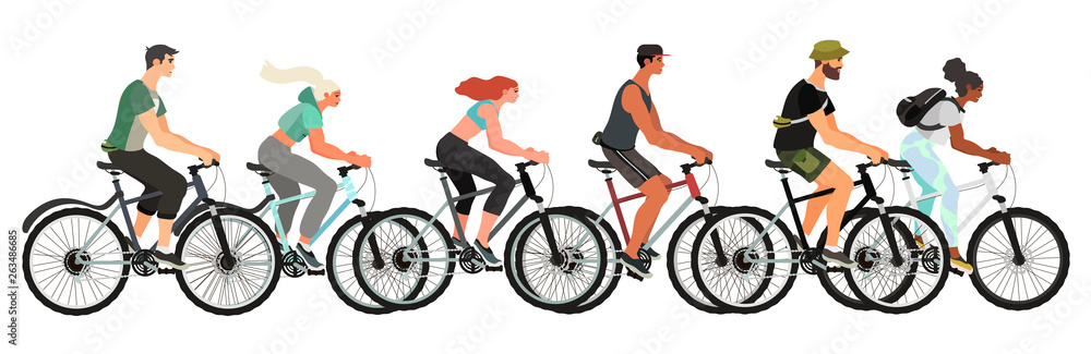 Vector illustration of men and woman riding bicycles isolated on a white background. A set of young, healthy and happy people on their bikes keeping a healthy lifestyle.
