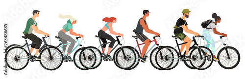 Vector illustration of men and woman riding bicycles isolated on a white background. A set of young, healthy and happy people on their bikes keeping a healthy lifestyle.