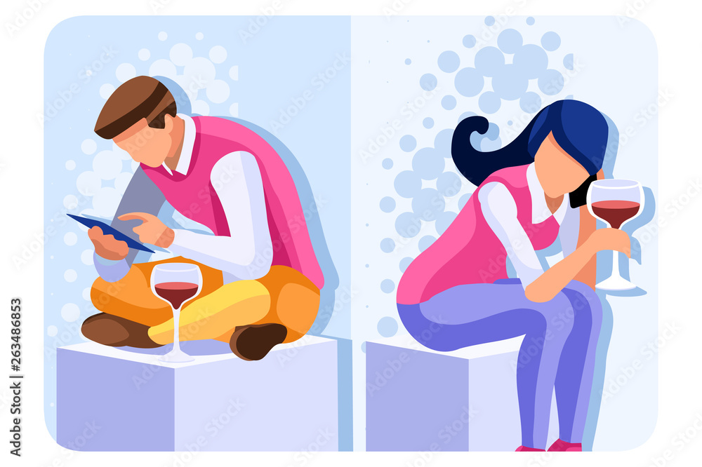 Smartphone set of telephone conversation. Cell speaking scene, talking and telling communication. Woman communication as wife. Mobile dialogue collection of partners boy and girl vector illustration