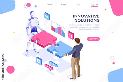 Flat cyborg idea, interactive engineer image. Partnership contact. Human interaction. Banner between white background, between empty space. 3d images isometric vector illustrations. Interacting people
