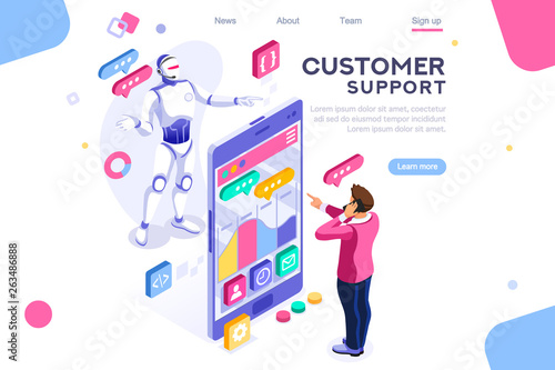 Flat cyborg idea, interactive engineer image. Partnership contact. Human interaction. Banner between white background, between empty space. 3d images isometric vector illustrations. Interacting people