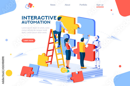 Flat cyborg idea, interactive engineer image. Partnership contact. Human interaction. Banner between white background, between empty space. 3d images isometric vector illustrations. Interacting people