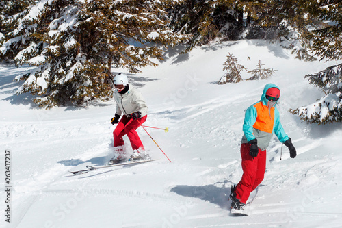 Skiers and snowboarders riding on a ski resort on snowy winter mountain with fir-tree background scenic view. Blue sky