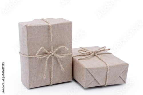 Boxes wrapped in wrapping paper on a white background