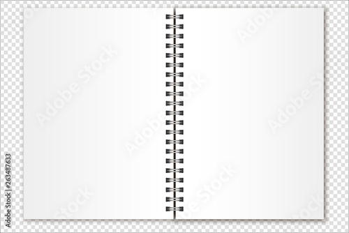 Vector mockup open spiral notebook, organizer, calendar, magazine size a5 on a transparent background. Realistic metal spiral and light shadows. Suitable for your design.