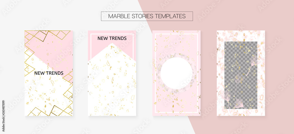 Stories Template Cool SMM Vector Layout. Social Media Blogger Cards Set. Textured Apps Design Pack. Minimal App Kit, Pink White Gold Rich VIP Geometric Marble Patterns. Stories Template VIP Layout.