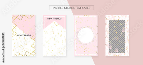 Stories Template Cool SMM Vector Layout. Social Media Blogger Cards Set. Textured Apps Design Pack. Minimal App Kit, Pink White Gold Rich VIP Geometric Marble Patterns. Stories Template VIP Layout.