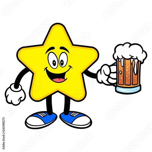 Star Mascot with a Beer - A cartoon illustration of a cute Star mascot.