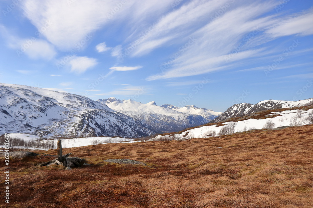 Fototapeta premium Hiking trail to the top of the Blåfjell or Blafjell mountain in the Nordland, Norway