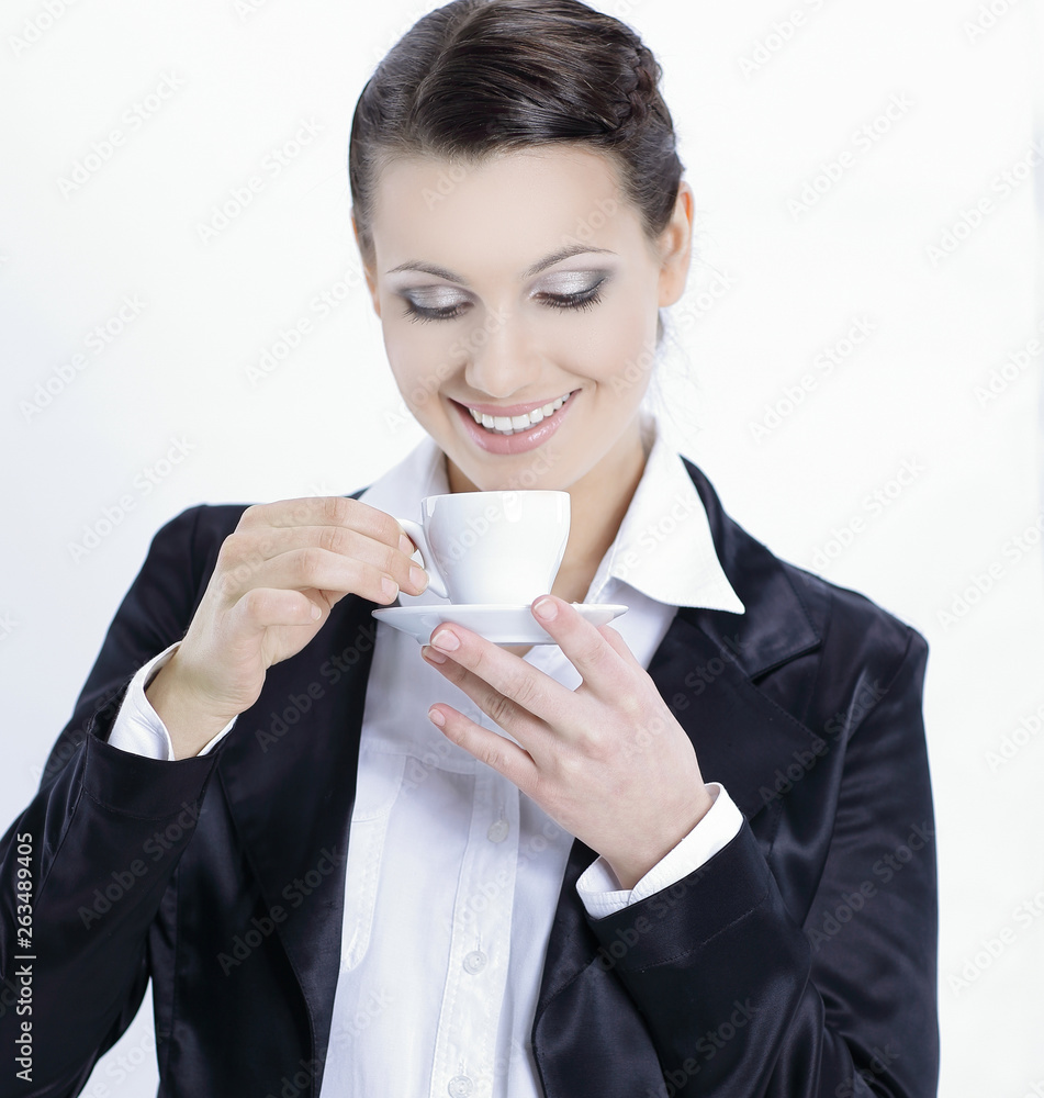 closeup. confident business woman with a Cup of coffee closeup. confident business woman with a Cup of coffee