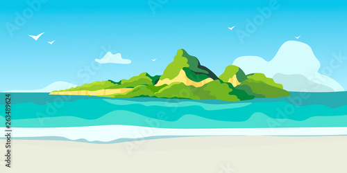 A beautiful view on a tropic isle from a beach with white sand. Creative banner  flyer  blog post  card or landing page for a travel agency or tour operator. Summer theme background or wallpaper.