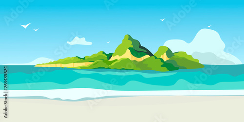 A beautiful view on a tropic isle from a beach with white sand. Creative banner, flyer, blog post, card or landing page for a travel agency or tour operator. Summer theme background or wallpaper.