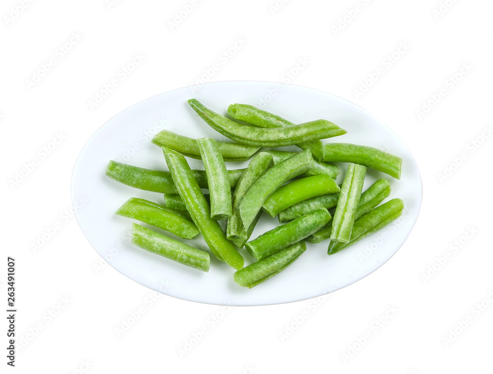Cut green beans in a white plate, isolated, on white background with clipping path Cut green beans in a white plate, isolated, on white background with clipping path
