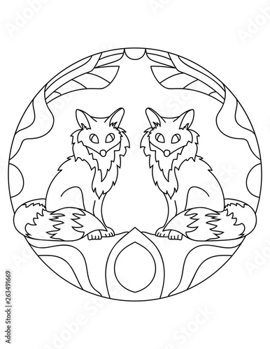 Pattern with foxes. Illustration with a fox. Mandala with an animal. Predator in a circular frame. Coloring page for kids and adults.
