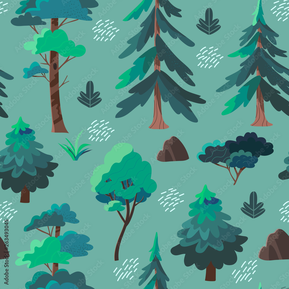 Seamless botanical pattern with different forest trees and plants ...