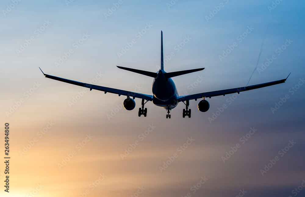 Airplane landing to airport in sunset