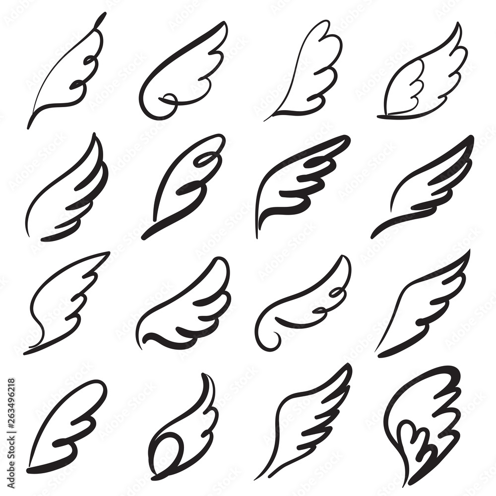 Sketch angel wings. Angel feather wing, bird tattoo silhouette. Linear fly  winged angels, heaven hand drawn doodle vector icons Stock Vector | Adobe  Stock