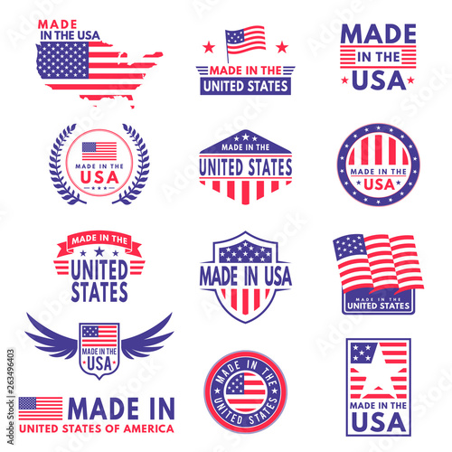 Usa labels. Flag made america american states flags label badge stamp star patriot stripe ribbon emblem sticker banner, vector icons