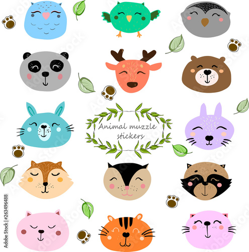 Stickers with cute animal muzzles. Wild animals portrait set with flat design. Vector illustration