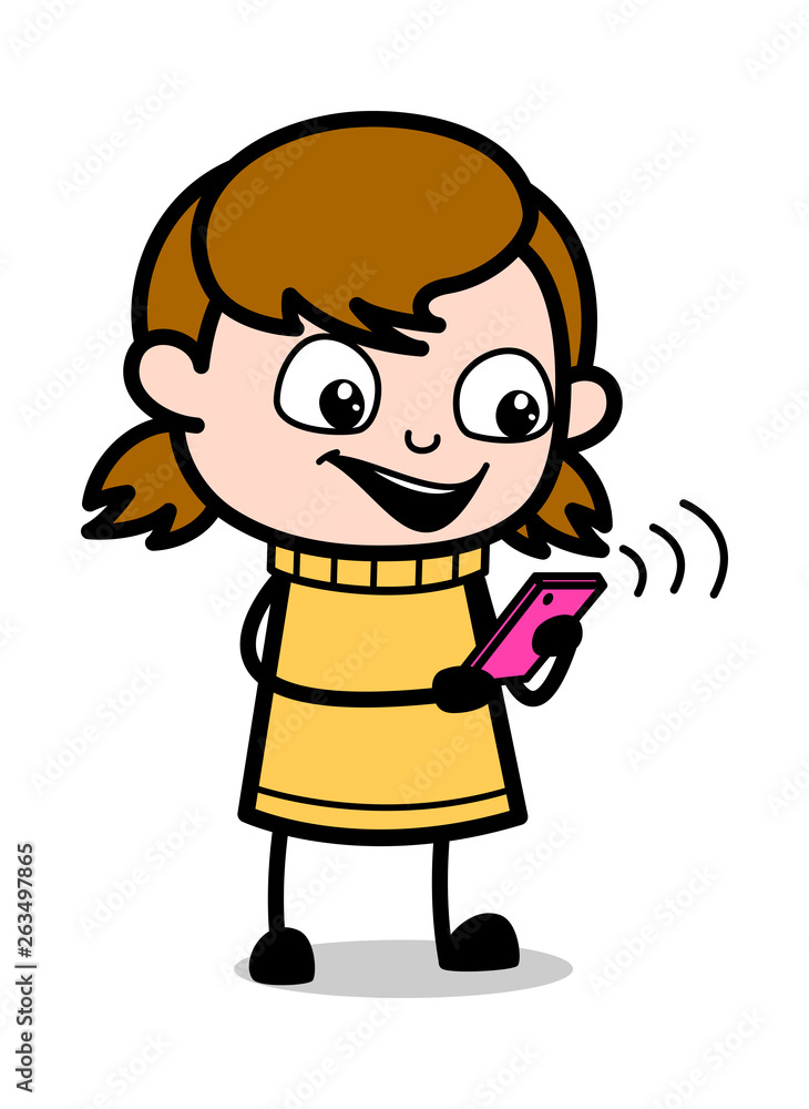 Using Wi-Fi - Retro Cartoon Girl Teen Vector Illustration