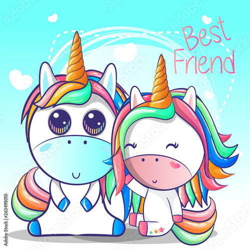 cute couple unicorn cartoon.Can be used for baby t-shirt print  fashion print design  kids wear  baby shower celebration greeting and invitation card. - Vector