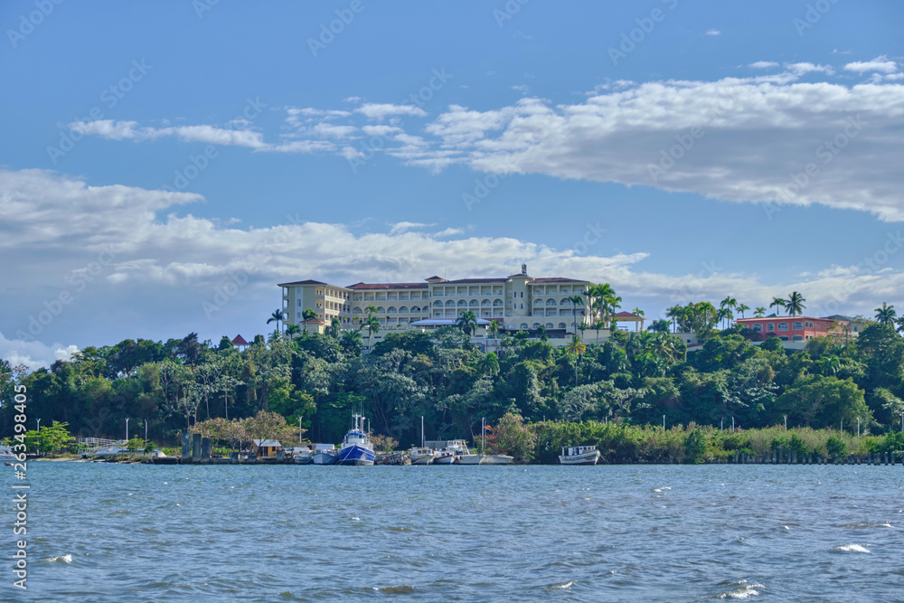 Scenic view of hotel on sea coast in Samana peninsula in Dominican Republic. Beautiful summer look of resort at coastline of Caribbean sea 