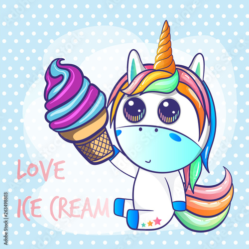 cute unicorn with ice cream greeting card. Can be used for baby t-shirt print  fashion print design  kids wear  baby shower celebration greeting and invitation card. - Vector