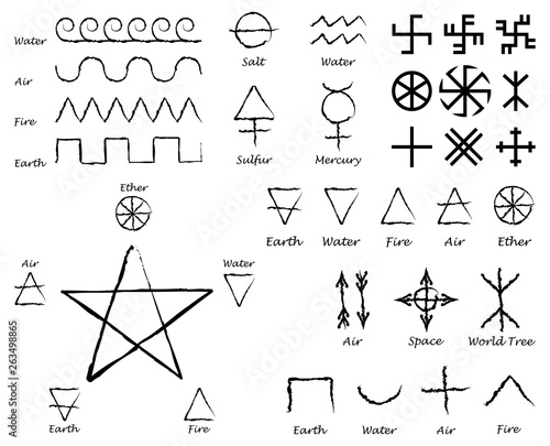 Alchemical Signs. Slavic amulets symbols. Solar symbols. Swastika. Thunderous sign. Kolovrat and Crosses. Mega Set. Vector illustration