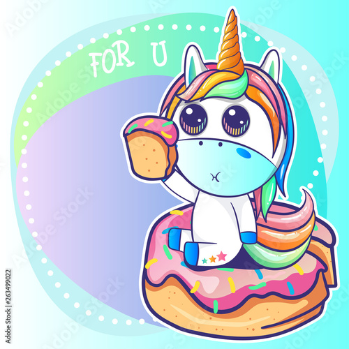 cute unicorn with a donut cartoon. Can be used for baby t-shirt print  fashion print design  kids wear  baby shower celebration greeting and invitation card. - Vector