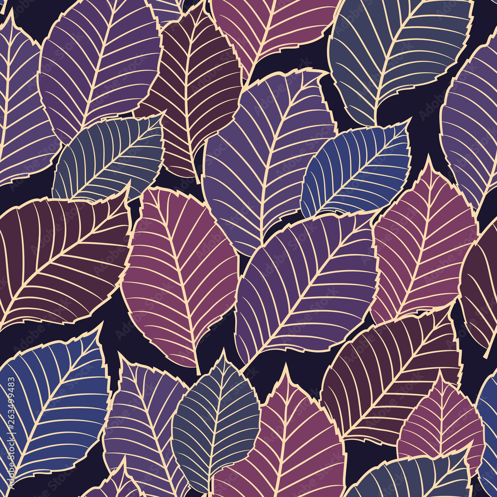 Seamless vector floral pattern with abstract tree leaves in blue and purple colors. Colorful endless background in retro style Seamless vector floral pattern with abstract tree leaves in blue and purple colors. Colorful endless background in retro style
