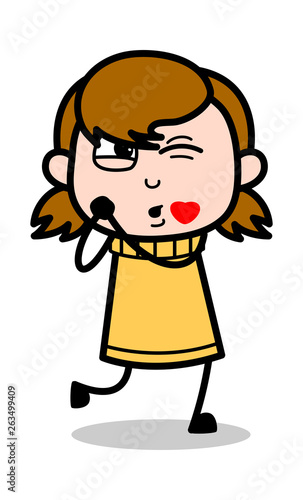 Blowing Kiss - Retro Cartoon Girl Teen Vector Illustration