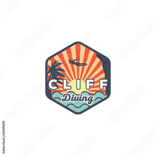 cliff diving on the beach logo designs, palm and ocean view