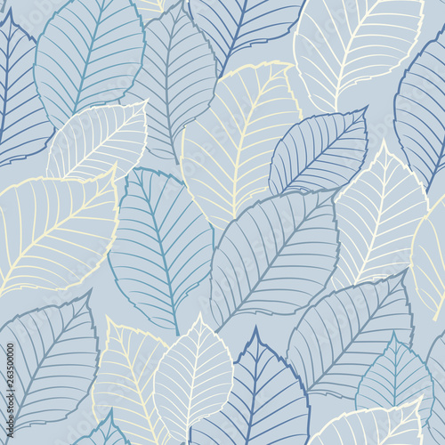 Seamless vector floral pattern with abstract outline tree leaves in pastel blue and white colors. Endless background in retro style