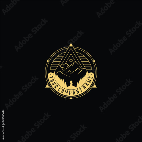 Abstract nature logo. Vector geometric badge. Sacred alchemic symbol. Outline icon of abstract shapes, piramyd , man looking a big mountain