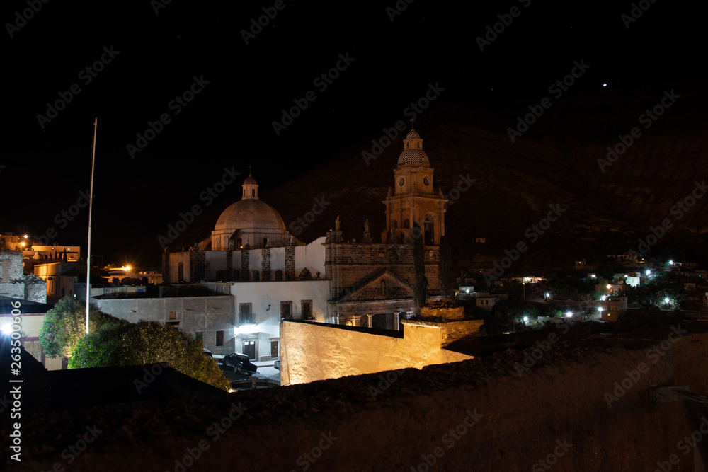Ancient Cathedral at Night in Mexican town Real de 14