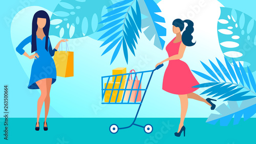 Girlfriends on Shopping Flat Vector Illustration