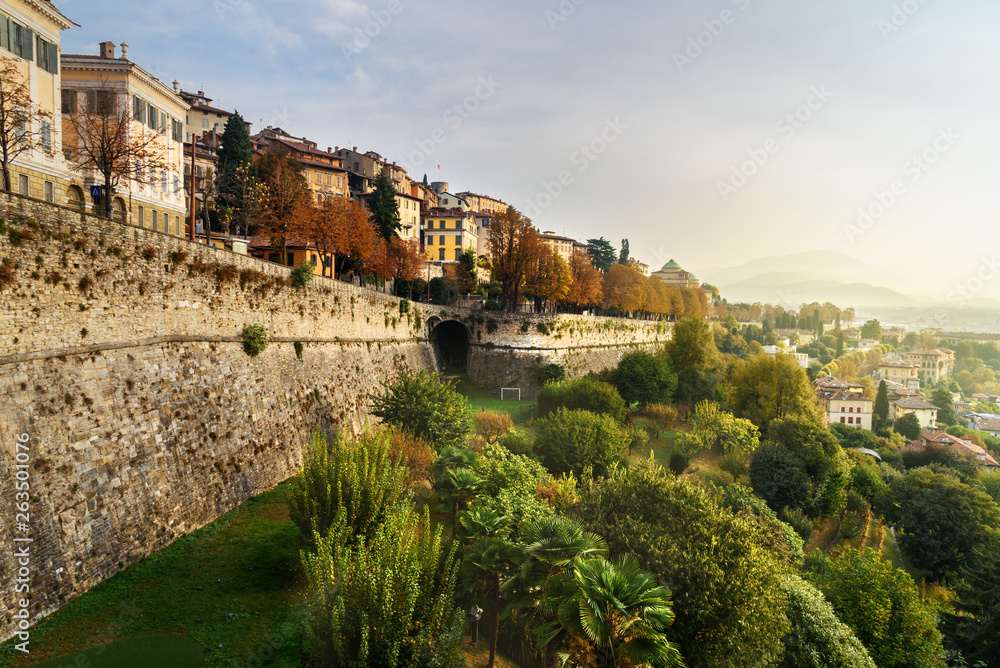 View of Bergamo with Sant Andrea platform of Venetian Walls at morning. Italy