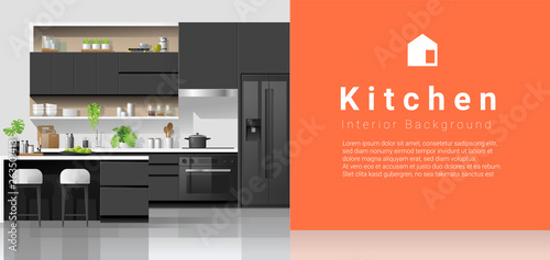 Modern black and white kitchen with colorful wall background , vector , illustration