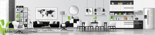 Modern black and white interior background with living room , dining room and kitchen combination , vector , illustration