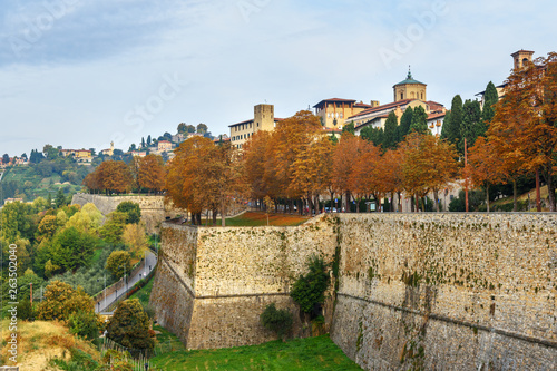 View of Bergamo with Platform of Santa Grata of Venetian Walls at morning. Italy