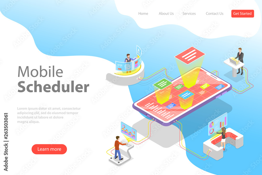 Flat isometric vector landing page template of mobile scheduler, business planning, schedule, meeting appointment, agenda