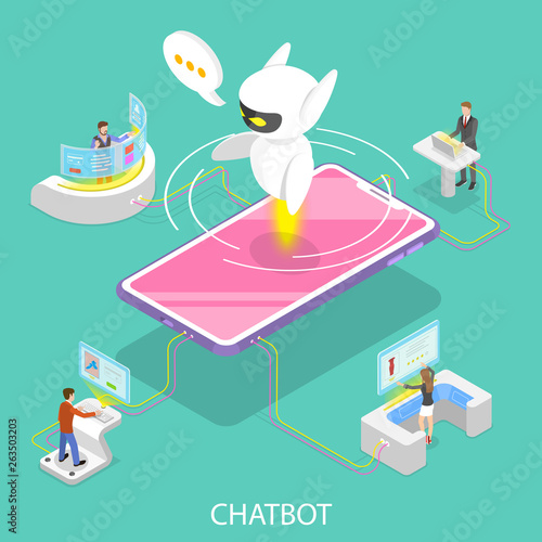 Flat isometric vector concept of chatbot, ai, artificial intelligence, customer support, markting strategy.