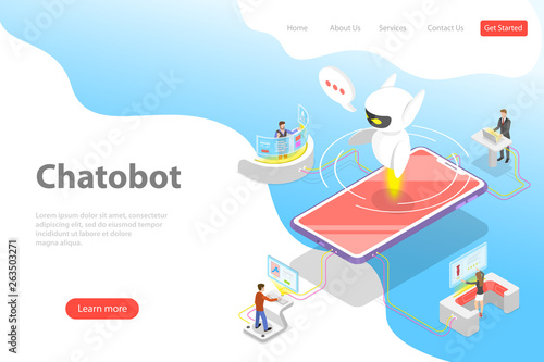 Flat isometric vector landing page template of chatbot, ai, artificial intelligence, customer support, markting strategy.