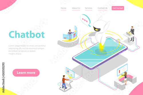 Flat isometric vector landing page template of chatbot, ai, artificial intelligence, customer support, markting strategy.